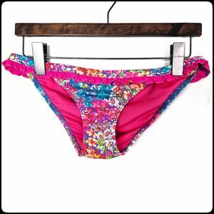 VICTORIA'S SECRET Pink Ruffle Floral Hawaii Retro Print Bright Bikini Bottom XS